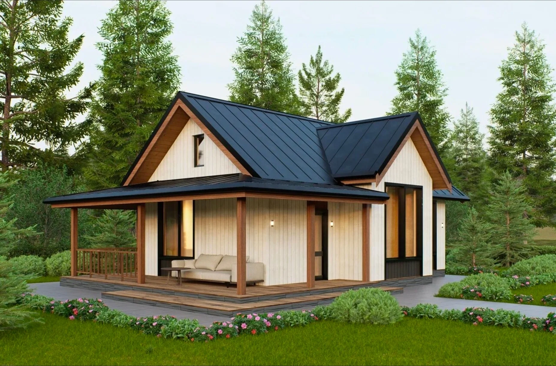 Планировка каркасного дома Кантри 75 м² — 2 спальни