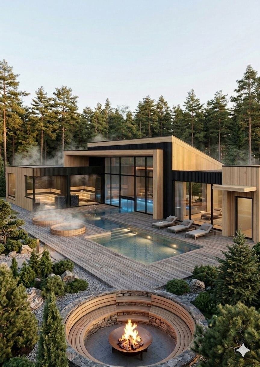 SPA-комплекс с террасой, бассейном и круглой костровой зоной